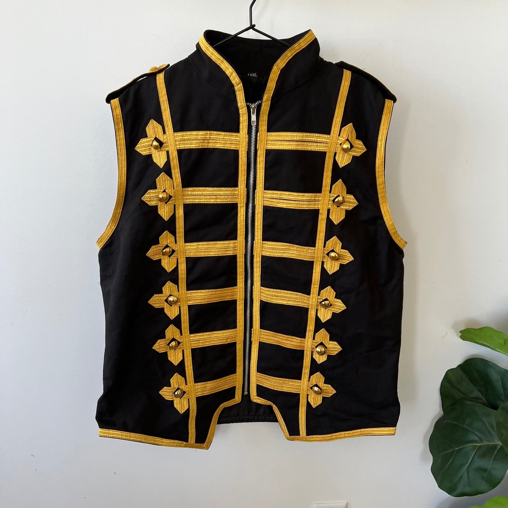 Ro Rox Mens Military Parade Vest Black Gold Braided Trim Hussar Jacket XXL New